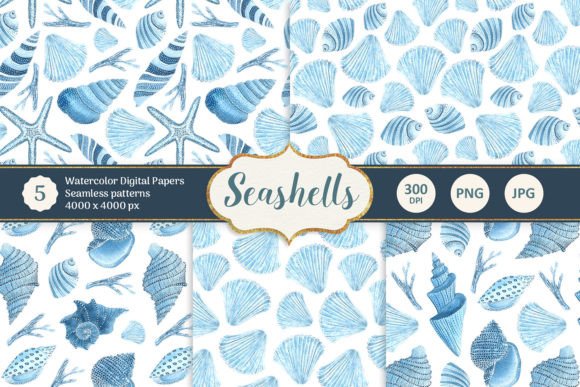 Blue Watercolor Seashell Digital Papers