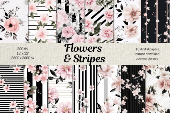 Flowers Black Stripes Digital Papers: A Versatile Choice for Creative Projects